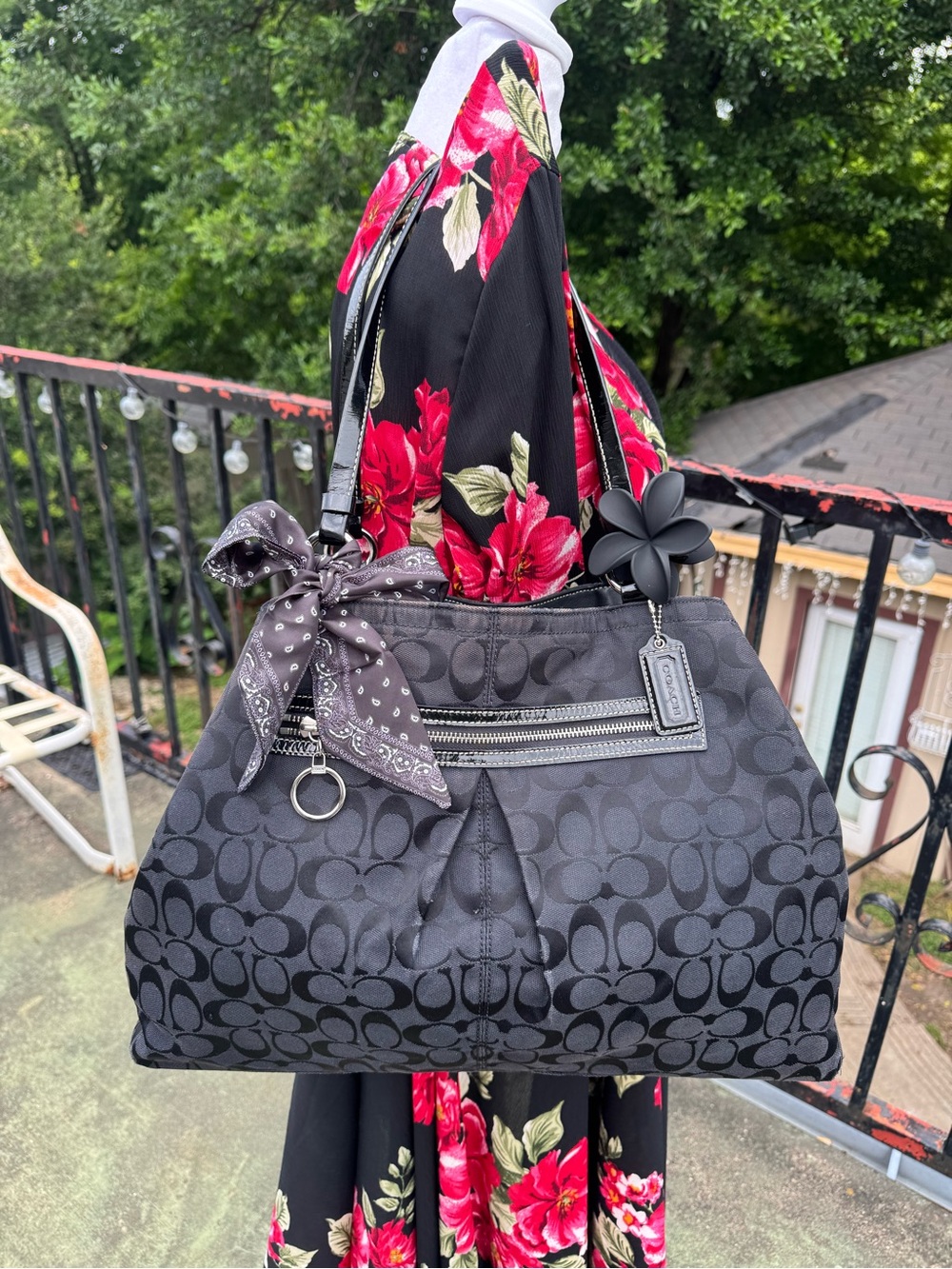 Coach Black Signature Shoulder Tote with Bow Accent